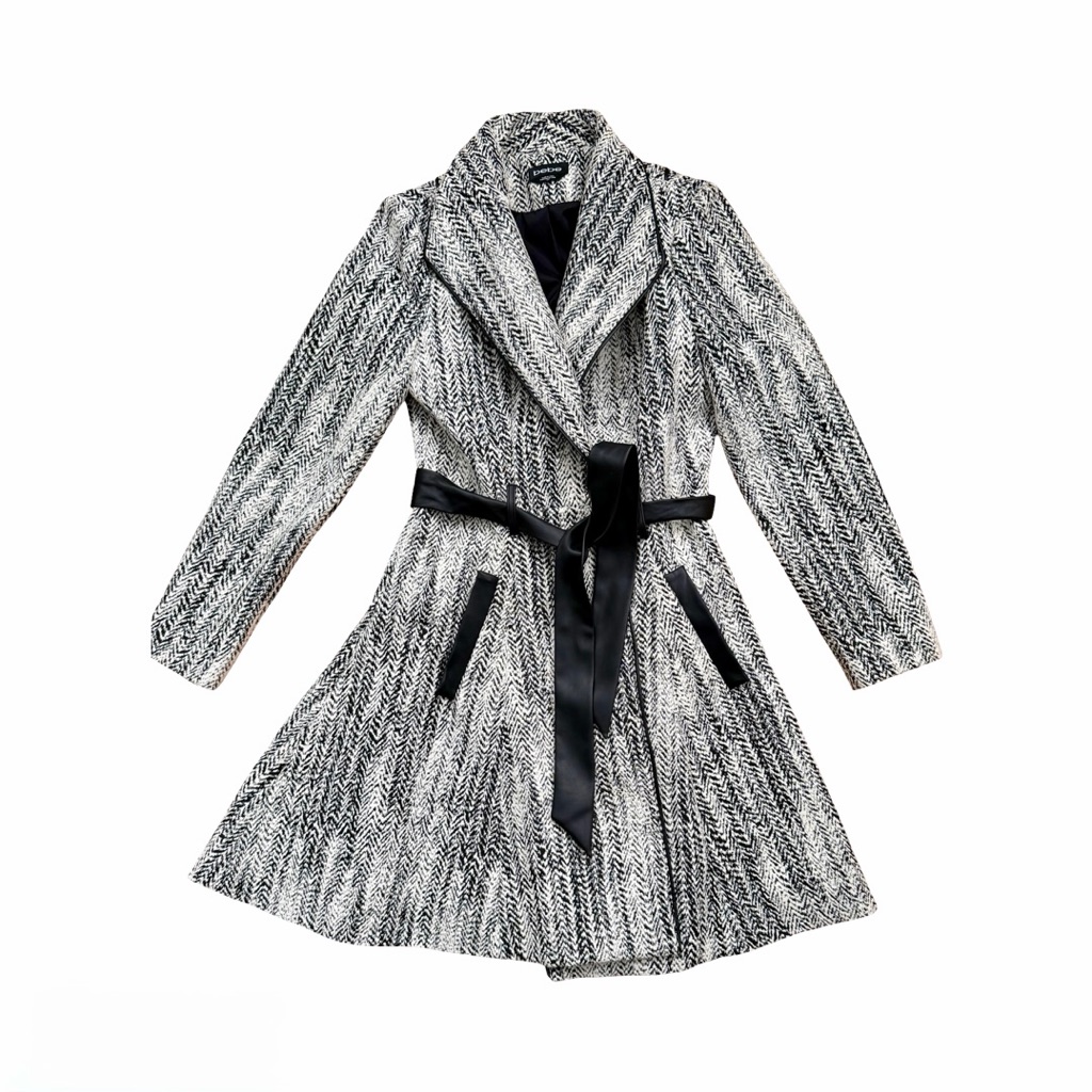 Bebe B&W Herringbone Wrap Coat | Size Small | Faux Leather Trim | Belted Coat